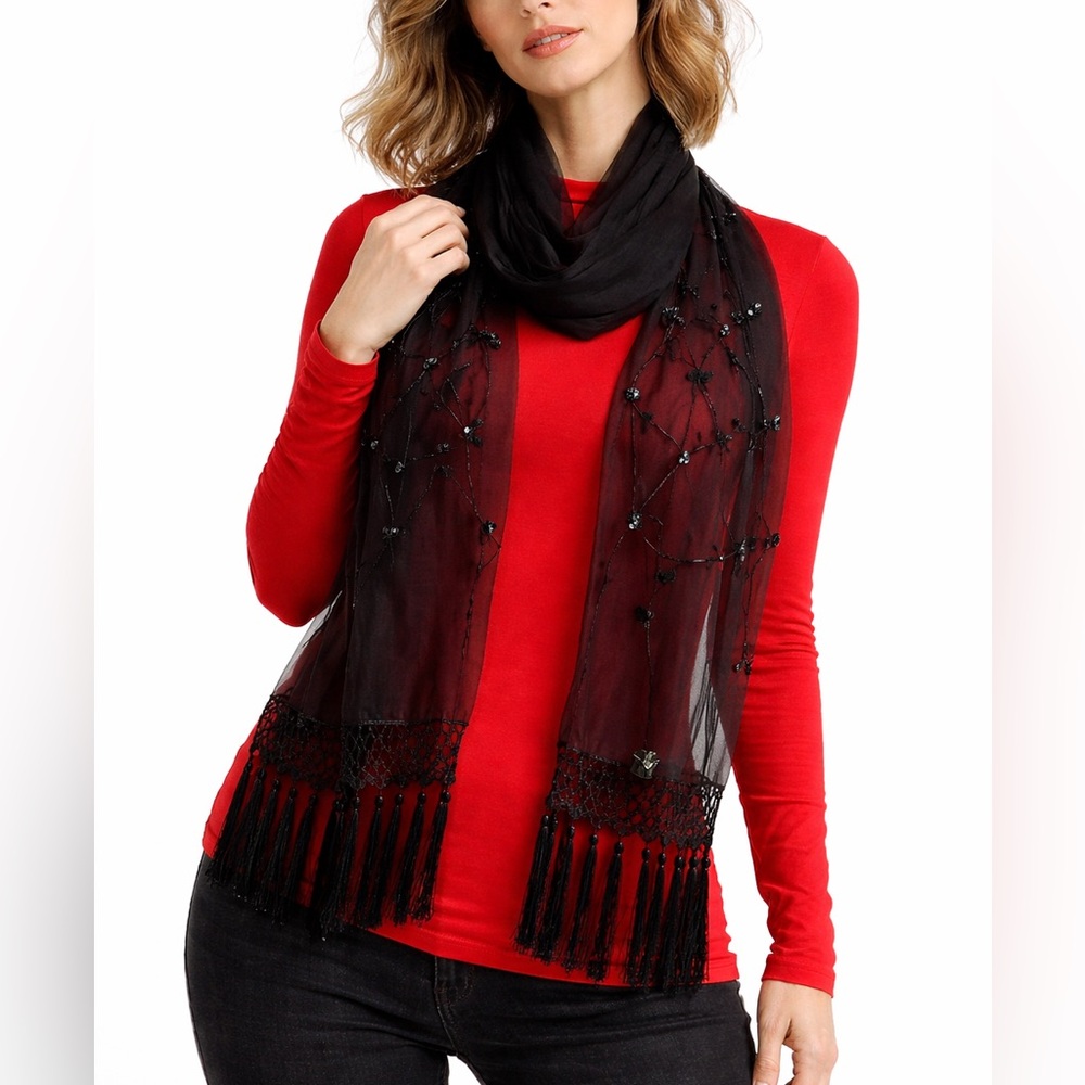 Black Embellished Floral Mesh Scarf